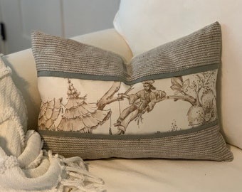 Toile pillow cover in neutral with aqua sea glass accent flange, Asian accent pillow, Eastern Indian zero waste toile and tweed fabrics