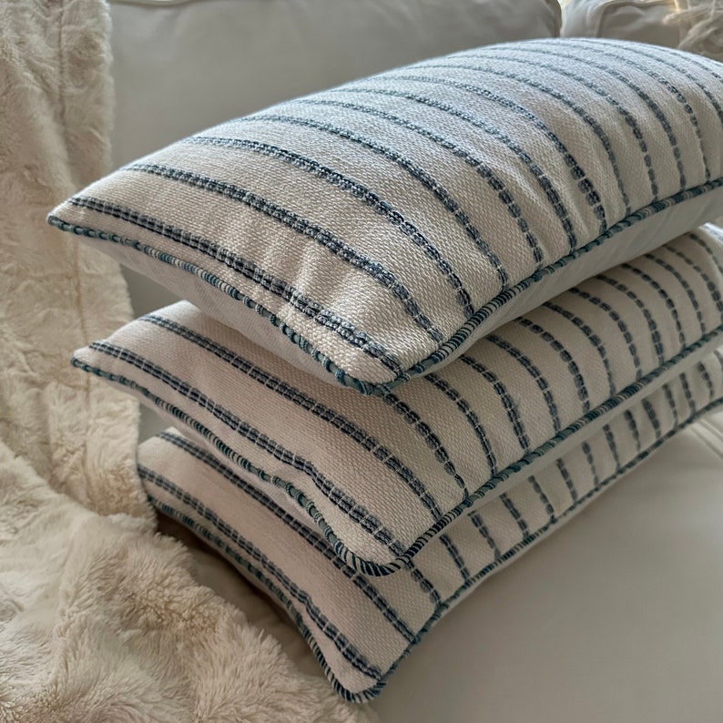 Striped Chenille Pillow Cover in Coastal Blue & Navy, 14x24 inch, Stylish Home Decor Accessory, Perfect Birthday Gift for Home Lovers image 3