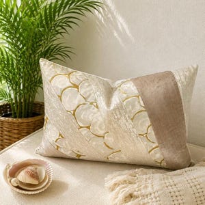 Palm Orleans Oyster Shell Pillow Cover 12x18,Coastal Designer Lumbar Pillow, White Linen Back, Beach Cottage Decor, Neutral Boho Chic Accen