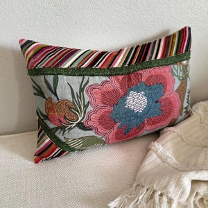 Thibaut Indienne Jacobean Linen Pillow Cover, 12x20” Raspberry and Teal Boho Chic Design with Velvet Stripe Accents, Perfect Home Decor Gift