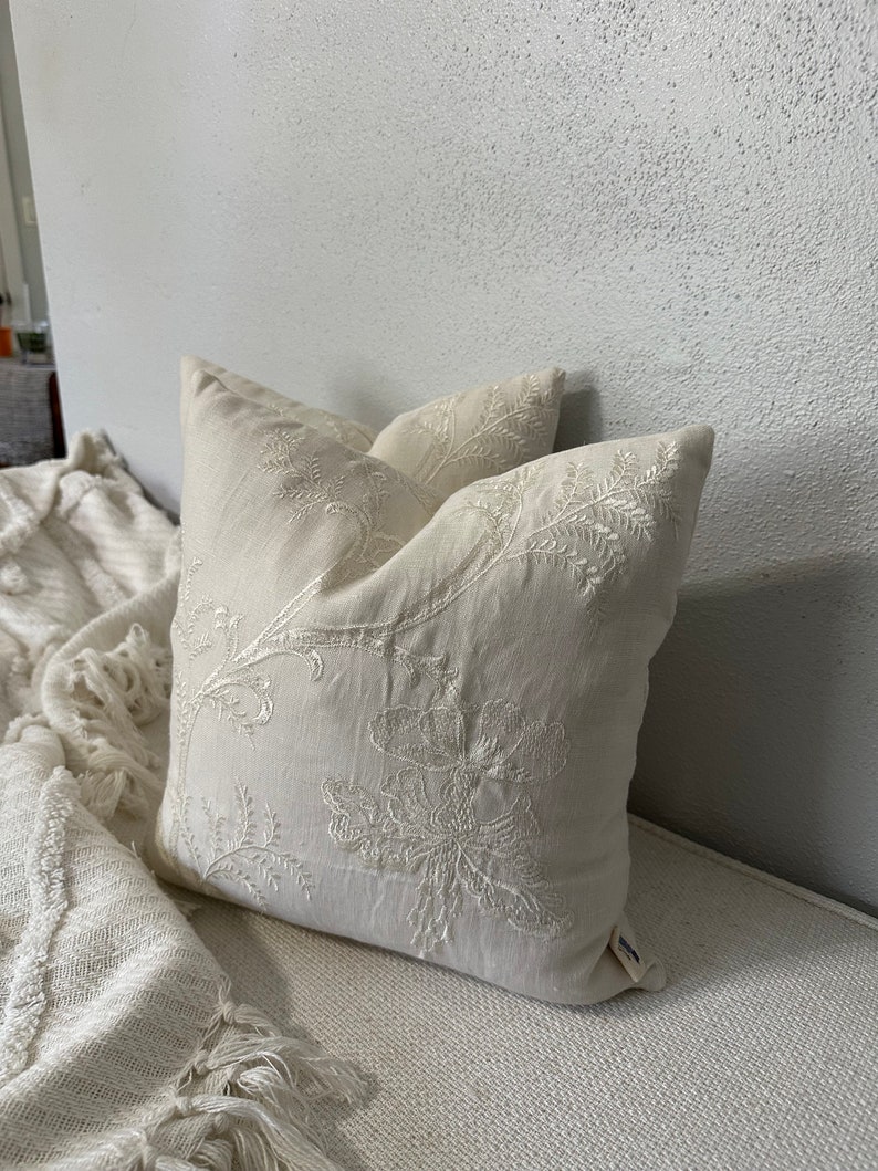 Elegant Soft Ivory Embroidered Pillow Cover, 14x14 Inch Delicate Accent Cushion, Subtle Home Accent, Sophisticated Color On Color Design image 9