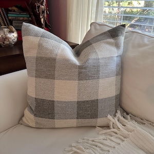 Gray Plaid Pillow Cover, Neutral Textured Gray & Ivory, 22x22 Modern Farmhouse Buffalo Check Decorative Pillow