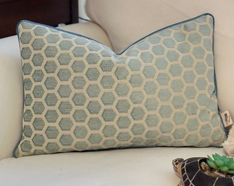 Velvet Pillow Cover In Textured Geometric Design, Sea Foam Coastal Blue, 12x18, Tropical Beachy Vibes