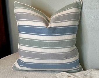 Multi Colored Striped Pillow Cover of Soft Textured Blues, Greens, and Grays on White, Coastal Cottage Decor, New Home Gift Idea