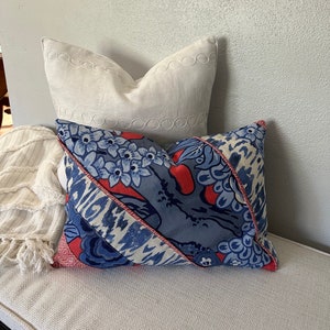 Thibaut Honshu & Carlotta Accent Pillow Cover Red, White, Blue with Geometric Accents, Navy Tweed Back Stylish Bohemian Decor, 14x20 Inch image 3