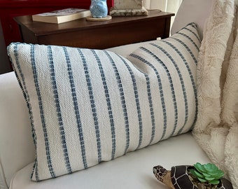 Striped Chenille Pillow Cover in Coastal Blue & Navy, 14x24 inch, Stylish Home Decor Accessory, Perfect Birthday Gift for Home Lovers