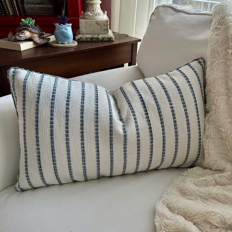 Striped Chenille Pillow Cover in Coastal Blue & Navy, 14x24 inch, Stylish Home Decor Accessory, Perfect Birthday Gift for Home Lovers image 5