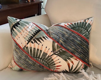 Tropical Palm Frond Pillow Cover, Machine Embroidered Romo Fabric paired with Velvet Stripe, 14x20 Decorative Cushion for Home Accents