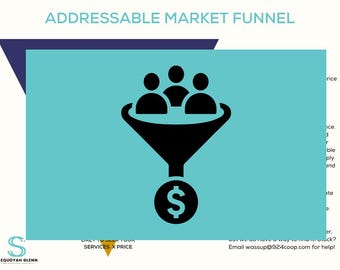 May include: An infographic titled "Addressable Market Funnel" features a black funnel with three silhouetted figures at the top, leading to a dollar sign. The background is a light teal color with text and a logo at the bottom.