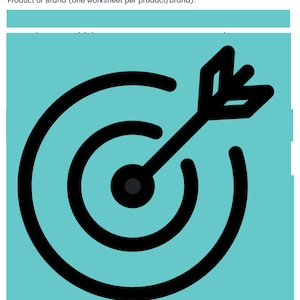 Op de afbeelding: Een turquoise afbeelding met een zwarte illustratie van een doelwit en pijl. De tekst "IDENTIFYING YOUR TARGET MARKET" staat bovenaan, met "SEQUOYAH GLENN" en "Product or Brand (one worksheet per product/brand):" ook zichtbaar.