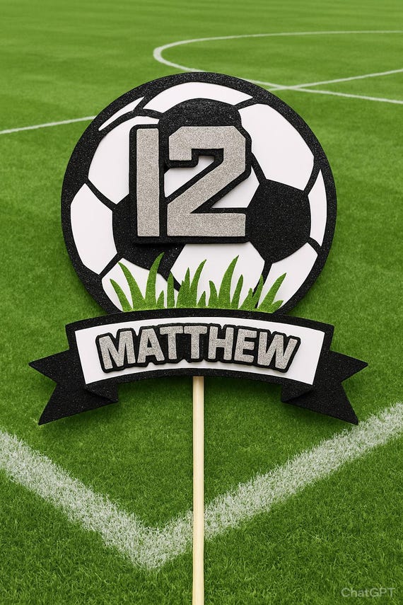Personalised Football Cake Topper, Happy Birthday, Personalised name and age,Sports,Glitter