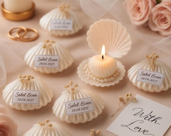 Pearl Shell Candle-gunsten: sojawas, gedroogde bloemen en gepersonaliseerd label