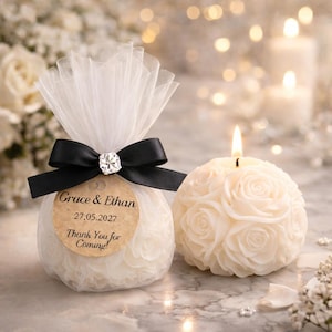 Elegant Rose Sphere Wedding Favor – Custom Name & Date Candle in Tulle
