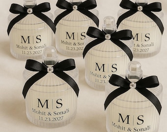 Lux Black-Ribbon Hochzeit Gastgeschenk-Kerze - Personalisierte Namen & Datum Glasoptik Hartplastik Gläser