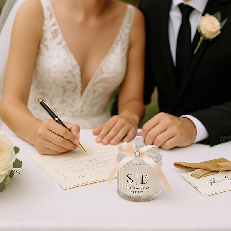 Op de afbeelding: Een huwelijksceremonie met een bruid en bruidegom die een document ondertekenen. Een kleine, heldere glazen kandelaar met een lint en een kristal staat op de tafel. De kandelaar heeft de initialen "S E" en de namen "SAHEL & EVAN" erop gedrukt.