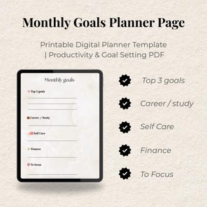 Monthly Goals Planner Page | Printable Goal Setting Template | PDF Digital Download