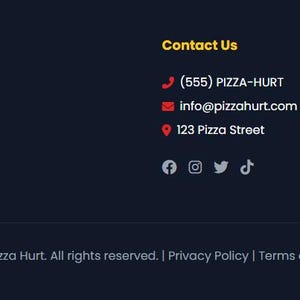 May include: Dark blue website footer with the Pizza Hurt logo, contact information, quick links, and a newsletter signup. The logo is a yellow circle with a pizza slice. Text includes "The most delicious pain you'll ever experience."