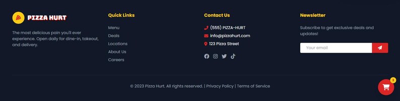 May include: Dark blue website footer with the Pizza Hurt logo, contact information, quick links, and a newsletter signup. The logo is a yellow circle with a pizza slice. Text includes "The most delicious pain you'll ever experience."