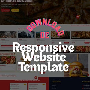 Peut inclure: Un modèle de site web pour un restaurant de pizzas, avec un code couleur rouge et blanc. Le design comprend des options de menu, des offres spéciales et une section de commande en ligne. Le texte "Responsive Website Template" est bien visible.