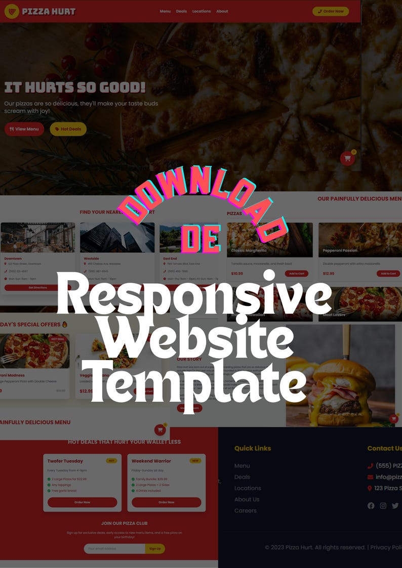 May include: A website template for a pizza restaurant, featuring a red and white color scheme. The design includes menu options, special offers, and a section for online ordering. The text "Responsive Website Template" is prominently displayed.