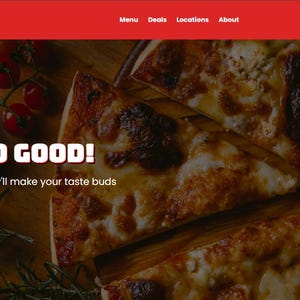 May include: A website banner for Pizza Hurt, featuring a close-up of a pizza with melted cheese and a crispy crust. The text "IT HURTS SO GOOD!" is displayed prominently, along with "View Menu" and "Hot Deals" buttons.