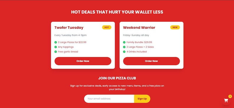May include: A red web page with white boxes advertising pizza deals. "Twofer Tuesday" offers two large pizzas for $22.99. "Weekend Warrior" offers a family bundle for $29.99. The page also invites users to join the pizza club.