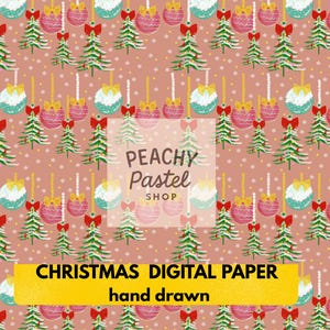 Könnte beinhalten: Ein sich wiederholendes Muster aus Weihnachtsschmuck, Weihnachtsbäumen und Schneeflocken auf rosa Hintergrund. Die Ornamente sind in Türkis, Rosa und Weiß mit goldenen Schleifen gehalten. Der Text "PEACHY Pastel SHOP" und "CHRISTMAS DIGITAL PAPER hand drawn" sind ebenfalls sichtbar.