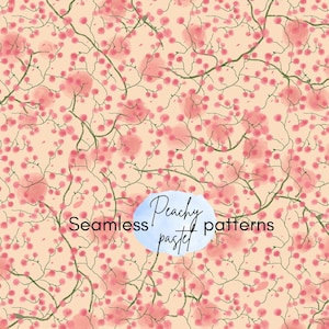 Könnte beinhalten: Nahtloses, pfirsichfarbenes Pastellmuster mit rosa floralen Elementen und grünen Stielen auf hellpfirsichfarbenem Hintergrund. Das Design enthält den Text "Seamless Peachy pastel patterns" in Schwarz und Blau.