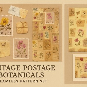 Könnte beinhalten: Eine Sammlung von Elementen im Vintage-Botaniker-Stil, darunter Briefmarken, Blumenillustrationen und gemustertes Papier. Die Briefmarken zeigen Blumendesigns und den Text "USA 15" und "USA 12". Die Wörter "VINTAGE POSTAGE BOTANICALS SEAMLESS PATTERN SET" sind ebenfalls sichtbar.
