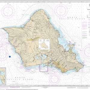 May include: A nautical chart of the Island of O'ahu, featuring detailed topographic lines, depth soundings in fathoms, and navigational markers. The map includes a small inset of the Hawaiian Islands and text labels for the North Pacific Ocean.
