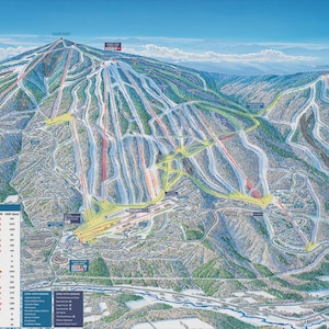 May include: Detailed Okemo Mountain Resort trail map. The map shows ski runs, lifts, and other features of the resort. The map includes a legend and lift stats. The Okemo logo is in the upper left corner.
