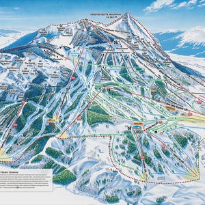 Puede incluir: Un mapa detallado de Crested Butte Mountain, Colorado, con pistas de esquí, remontes y terreno. El mapa muestra el diseño de la montaña con senderos, remontes y áreas base etiquetadas, con el logotipo de Crested Butte.