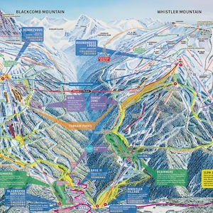 Könnte beinhalten: Detaillierte Karte des Skigebiets Whistler Blackcomb mit Skipisten, Liften und Bergterrain. Die Karte verwendet verschiedene Farben, um verschiedene Pisten und Zonen anzuzeigen, mit Beschriftungen für wichtige Bereiche und Einrichtungen. Der Text "LIFT UPGRADE" ist enthalten.