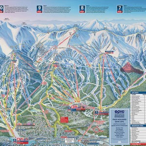 May include: A detailed map of the Breckenridge Ski Resort, showing ski runs, lifts, and mountain terrain. The map features a bird's-eye view of the snowy mountain landscape, with various trails marked in different colors. Includes the Epic Mountain Rewards logo.