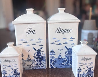 Blauwe en witte molen Delftse stijl 4-delige keukenbus suikertheeset Duitsland Vintage