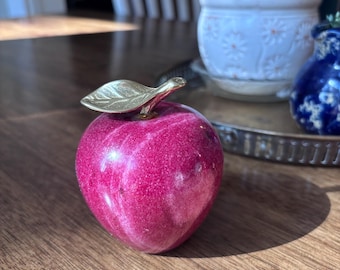 Vintage Marble Red Apple Paperweight Figurine w Brass Stem- Alabaster- Teacher Gift