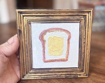 Original ? Buttered Toast on Board in Gold Frame Signed 5.5x5.5” Art Deco