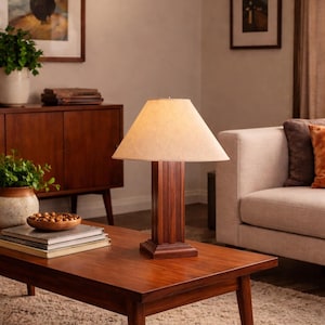 Vintage Table Lamp w Wood Base and Fluted Details Mid century Mica Looking Shade