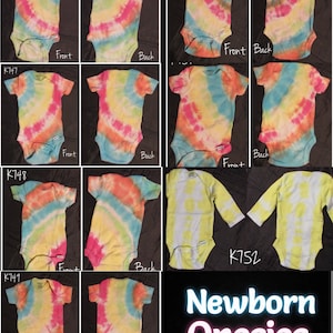 Może przedstawiać: Kolekcja dziecięcych body w stylu tie-dye w różnych kombinacjach kolorystycznych. Body są ułożone w rzędach, z przodu i tyłu każdego body. Body są oznaczone numerami K146, K150, K747, K748, K749 i K752. Tekst "Body dla noworodków" jest wyświetlany na dole obrazu.