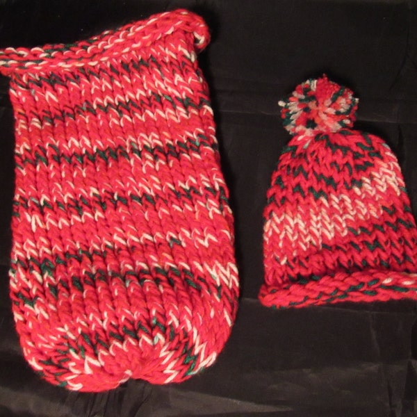 Newborn hand knit baby red white green hat and cocoon set swaddler pod Reborn doll baby Photo prop OOAK Ready to ship