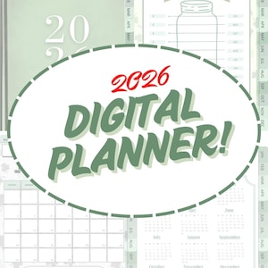 Puede incluir: Un planificador digital para 2026 con un diseño verde y blanco. Incluye páginas de calendario, una sección de objetivos de ahorro y el texto "2026 DIGITAL PLANNER!" en una fuente estilizada. El diseño incorpora acentos de trébol.