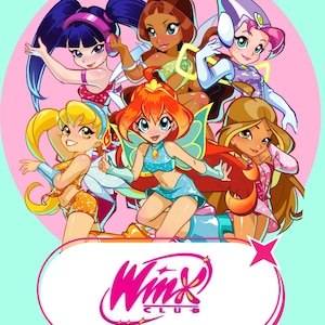 Könnte beinhalten: Eine digitale Illustration mit sechs animierten Figuren mit großen Augen und farbenfrohen Outfits, die in einem Kreis vor einem rosa Hintergrund angeordnet sind, über einem weißen Oval mit dem rosa Text Winx Club und einem Stern.