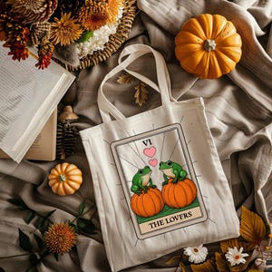 Cotton Canvas Tote Bag, Cute Frog Halloween Taro Card Tote - Spooky Trick or Treat Bag, Halloween Bag, Animal Lover tote, Witchcraft Tote
