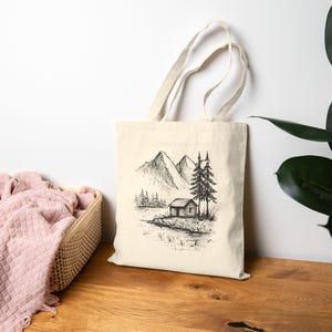 Berghütte Einkaufstasche, Canvas-Einkaufstasche, rustikale Natur-Tasche, umweltfreundliches Geschenk, Reisetasche, Geschenk für Naturliebhaber, Skizzen-Design-Tasche