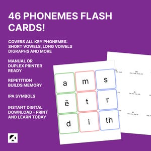 May include: Educational flash cards with the text "46 PHONEMES FLASH CARDS!" on a purple background. The cards feature letters and phonetic symbols. The cards are designed for learning phonemes, including short and long vowels, and digraphs. Ready for manual or duplex printing.