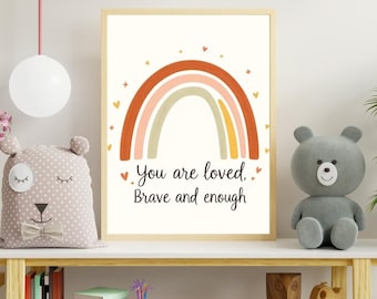 Stampa per cameretta dei bambini Boho Rainbow - Arte murale con affermazione positiva / Citazione stampabile "Sei amato" / Decorazione per cameretta dei bambini unisex