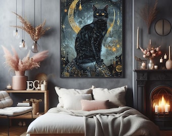 Mystische Katze Tarot Print | Witchy Moon Katze Wandbild | Himmlische Gothic Dekor | Kristall Astrologie Poster | Spirituelles Geschenk für Sie