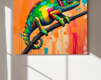 Buntes Chamäleon Wand Kunst | Abstraktes Reptil Poster | Lebendiges Tier Kunstwerk