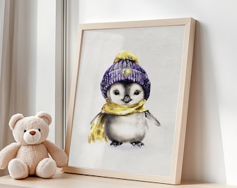Süßer Pinguin Wandkunst | Mütze Pinguin Print | Kinderzimmer Dekor | Winter Tier Illustration | Kinderzimmer Kunst | Weihnachtsgeschenk