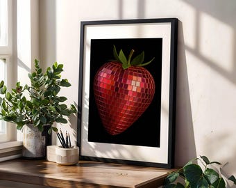 Disco-aardbeienprint | Funky fruitmuurkunst | Retro pop-artposter | Gedurfd kleurrijk woondecoratie | Leuke keuken- of barprint